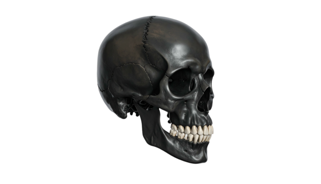 Dark human cranium object shown in profile against a solid black background