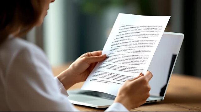 Woman Reviewing Documents on Laptop for Business Strategy.
