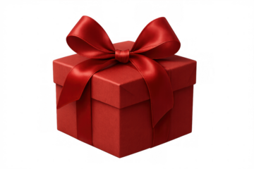 Red gift box tied with a shiny satin ribbon and bow, representing a surprise, present, or special occasion. Transparent background