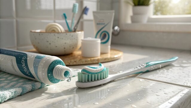 Toothbrush with toothpaste applied ready for morning dental hygiene
