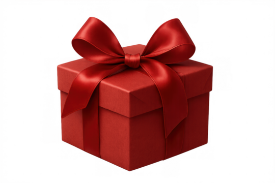 Red gift box tied with a shiny satin ribbon and bow, representing a surprise, present, or special occasion. Transparent background