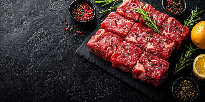 Fresh raw meat displayed on stone with herbs and spices Generative AI