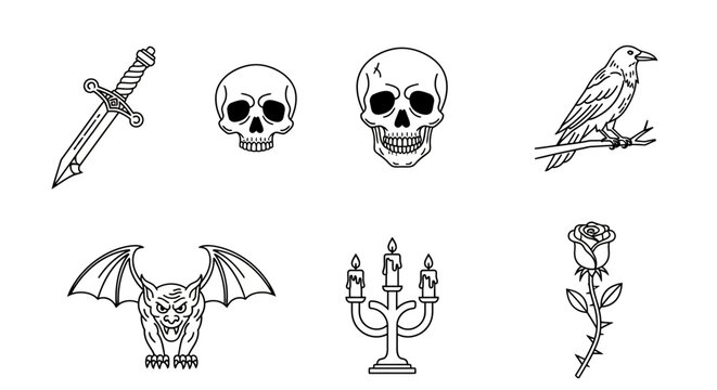 Black and white tattoo flash sheet featuring skulls, gargoyle, crow, sword and other