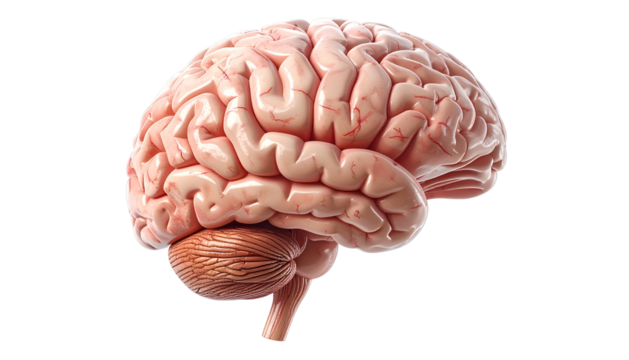 Detailed three dimensional rendering depicts the human cerebrum and cerebellum against a dark backdrop