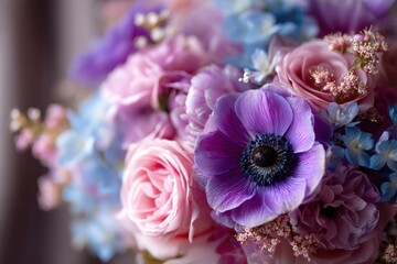 Closeup of a vibrant floral arrangement showcasing pink roses, blue blossoms, and a purple anemone
