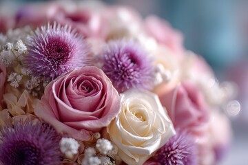 Close up of a delicate floral arrangement featuring roses and globe thistles in soft pastel hues.