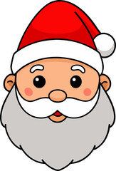 a cute smiling Santa face with fluffy white beard and red hat, simple clean flat cartoon icon style, no background.