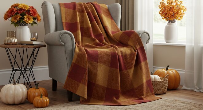 Cozy Autumn Living Room with Plaid Throw Blanket and Pumpkins.