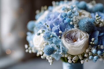 Elegant floral arrangement featuring white roses, blue hydrangeas, and textural accents in soft,