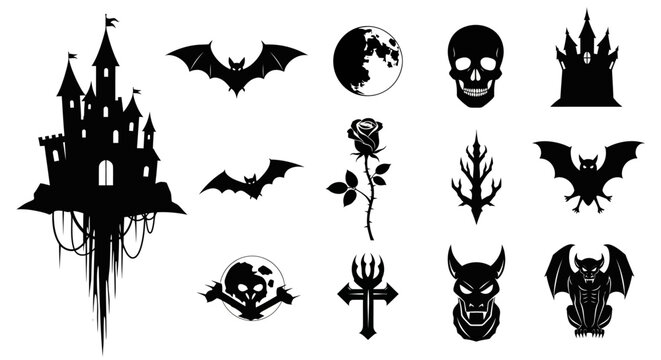 Collection of spooky black silhouette elements for halloween design and decoration