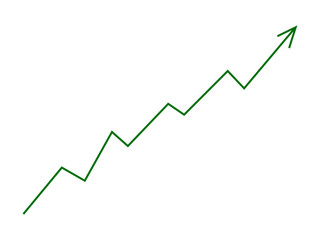 Green fluctuated arrow line graph growing up concept of business grow up sign. Moving up graph arrow indicates stock market business growth, financial profit, economic growth. Vector illustration.