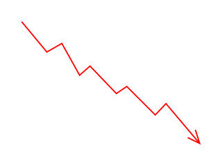 Red falling down arrow line graph indicates financial loss concept, stock market fall, business loss, market crash, economic loss. Red graph arrow downward direction. Vector illustration.