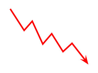 Red falling down arrow line graph indicates financial loss concept, stock market fall, business loss, market crash, economic loss. Red graph arrow downward direction. Vector illustration.