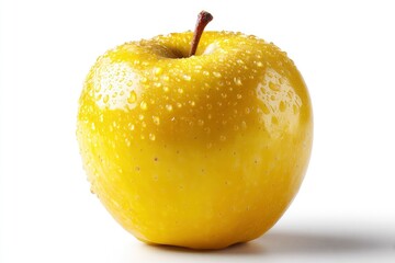 A vibrant yellow apple glistens with fresh water droplets, presented against a clean, white