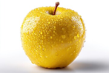 A vibrant yellow apple glistens with droplets, presented on a clean white surface, reflecting