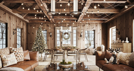 Cozy rustic living room decorated for Christmas with warm string lights, a beautifully adorned Christmas tree, and elegant holiday wreath. 3D Rendering, 3D Illustration	
