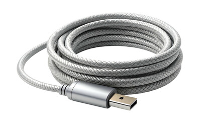 Fototapeta premium Rolled silver braided electronic cable with a connector rests against a dark background