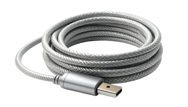 Rolled silver braided electronic cable with a connector rests against a dark background