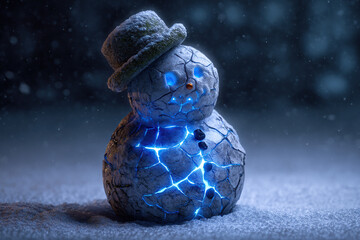 Captivating cracked snowman with glowing blue energy, wearing a winter hat, perfect for holiday and fantasy themes.