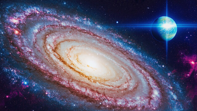 Photorealistic view of spiral galaxy and distant planet in deep space with bright cosmic light and colorful interstellar clouds