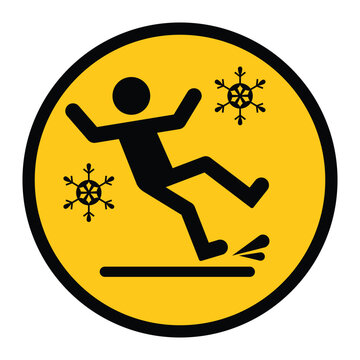 Circular yellow warning sign showing a person slipping on ice with snowflake icons. Symbol represents caution for icy or slippery surfaces, winter safety, and fall prevention awareness.