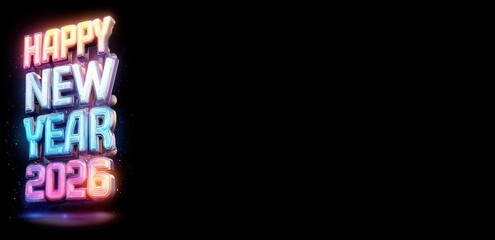 Letters neon forming words &ldquo;Happy New Year 2026&rdquo; with gradients vivid, reflections luminous, 3D structure shining against dark space, expressing creativity, motion, and celebration spirit. Festivity. 