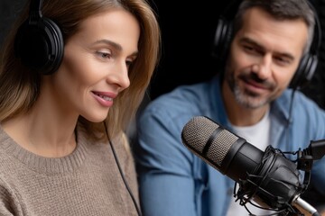 Woman and man recording audio content during a podcast session in a studio with focused equipment