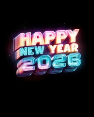 Sign &ldquo;Happy New Year 2026,&rdquo; in neon glowing typography text with radiant tones and 3D depth, celebrating motion, light, and cheerful energy in an artistic festive design for the fresh new year.