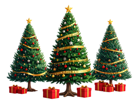Three decorated, verdant Christmas trees with gifts beneath against black