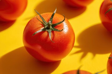 Freshly picked tomatoes arranged on vibrant yellow background evoke a sense of summer and healthy