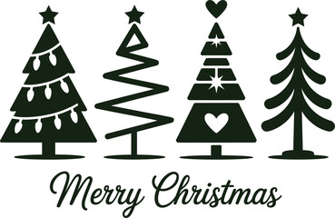 Four stylized christmas trees and merry christmas text