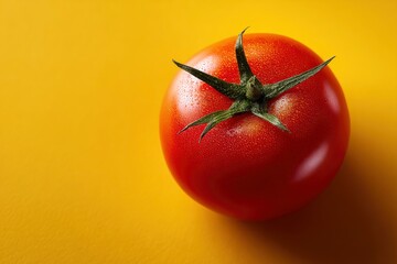 Freshly picked red tomato, gleaming with droplets, rests on a vibrant yellow background providing