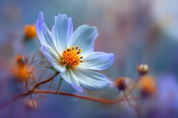 Delicate blue cosmos flower with vibrant yellow center and soft focus background