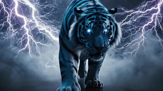 A badass blue and white striped tiger with glowing blue eyes stands fierce on a rocky outcrop, surrounded by electric blue lightning