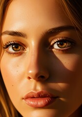 Close-up portrait of a beautiful young woman with captivating brown eyes and glowing skin, illuminated by warm sunlight.