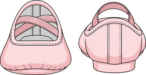 Pink ballet shoe front and rear view, elastic strap details, rounded toe, stitched heel, dance footwear, soft fabric, studio lighting © Vector Sifat