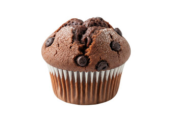 Delicious chocolate chip muffin with dark chocolate chunks isolated on transparent background
