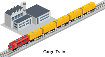 Isometric illustration of a cargo train passing an industrial building © Anjumanara Rakhi