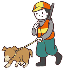 犬と歩く狩猟男性のイラスト