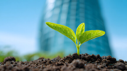 A small green plant sprouts from the soil, with a modern building in the background symbolizing growth