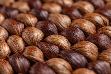 Abstract macro of tightly woven natural fiber material showcasing variations in brown tones and