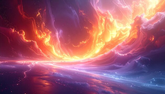 Nebula with vibrant orange & purple hues creating an ethereal, otherworldly scene with an implied horizon
