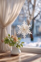 Beautiful snowflake decoration hangs by the window, with a blooming plant on a wooden table in a cozy winter setting