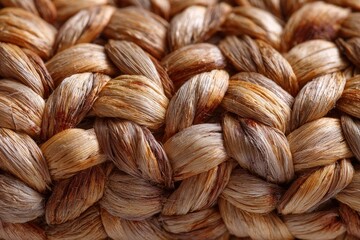 Detailed macro shot showcases the intricate texture of interwoven, natural fiber braids, with warm