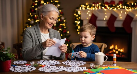 Grandmother and grandson enjoy a winter crafting session while making snowflakes by the fireplace during the holiday season