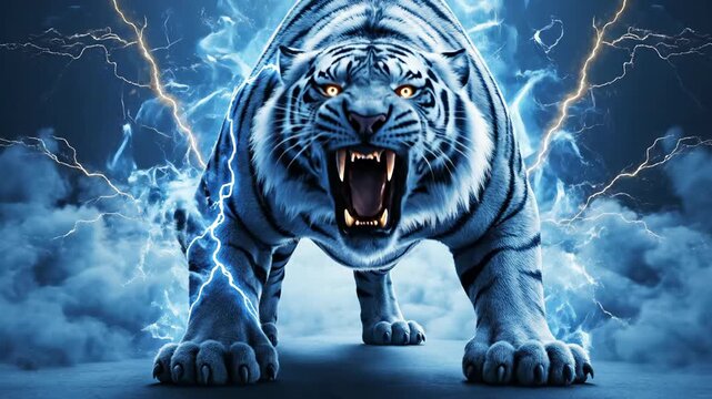 A badass blue and white striped tiger with glowing blue eyes stands fierce on a rocky outcrop, surrounded by electric blue lightning