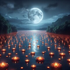 “Thousands of diyas floating on river, full moon shining, peaceful night.”