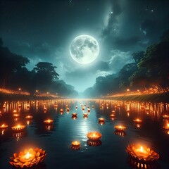 “Thousands of diyas floating on river, full moon shining, peaceful night.”