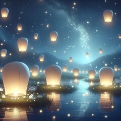“Lanterns lit in memory, night sky, gentle atmosphere of remembrance.”
