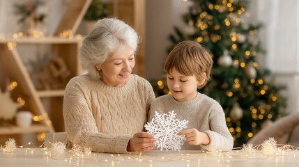 Child and grandmother share a joyful moment crafting snowflakes during the holiday season in a cozy, decorated living room